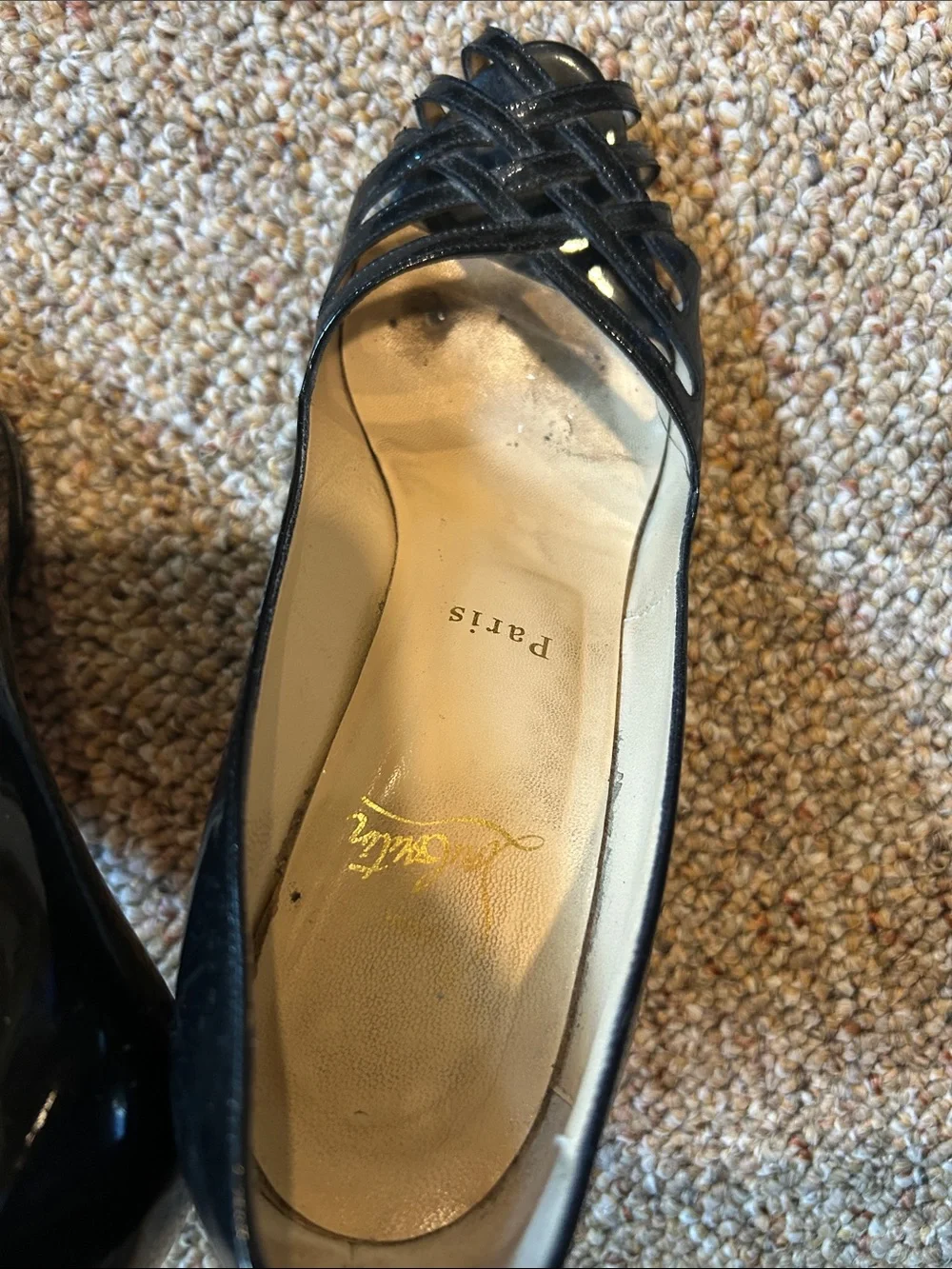Christian Louboutin Black Patent Leather Weave Peep-Toe Flats
